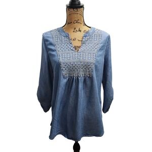 Multiples‎ Embroidered Denim Tunic Top Womens Small 3/4 Sleeve Casual Boho